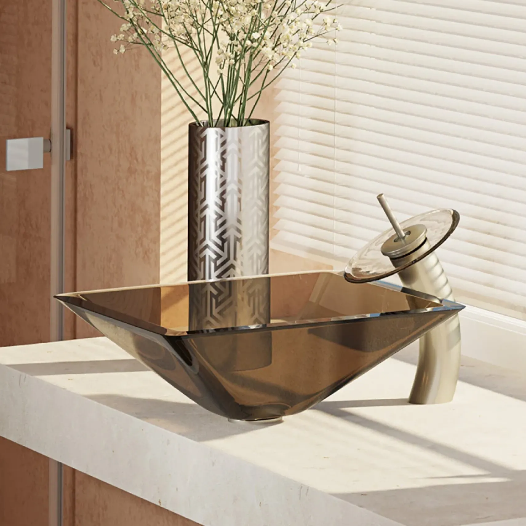 Rene 17" Square Glass Bathroom Sink, Cashmere, with Faucet, R5-5003-CAS-WF-BN