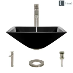 Rene 17" Square Glass Bathroom Sink, Noir, with Faucet, R5-5003-NOR-R9-7003-BN