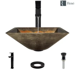 Rene 17" Square Glass Bathroom Sink, Metallic Green and Gold, with Faucet, R5-5036-R9-7003-ABR