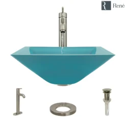 Rene 17" Square Glass Bathroom Sink, Cerulean, with Faucet, R5-5003-CER-R9-7001-BN