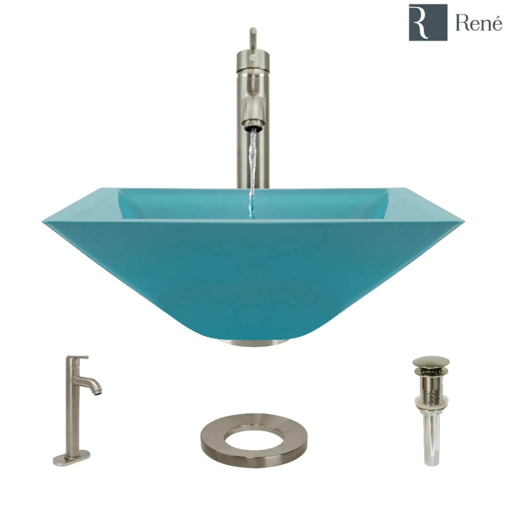 Rene 17" Square Glass Bathroom Sink, Cerulean, with Faucet, R5-5003-CER-R9-7001-BN