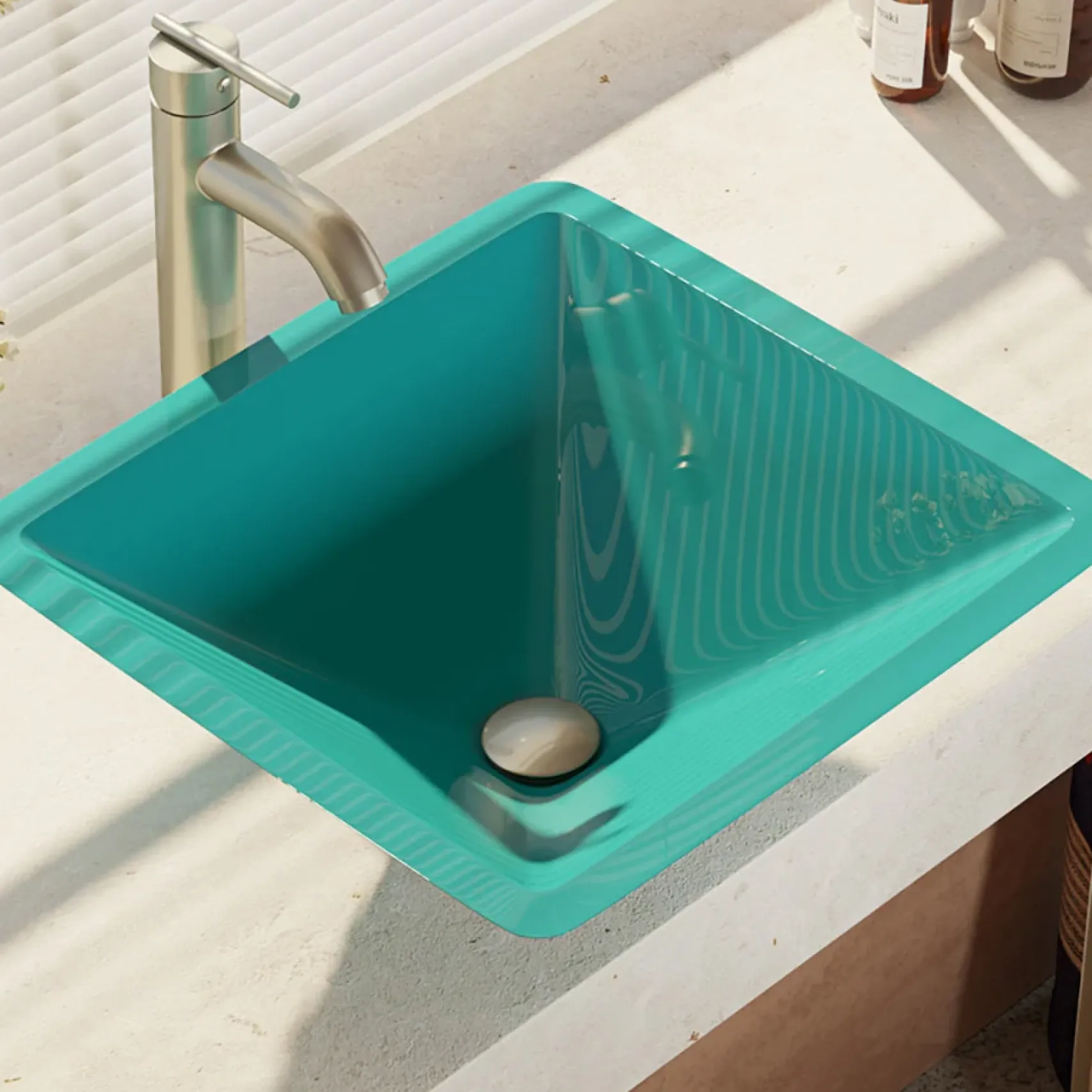 Rene 17" Square Glass Bathroom Sink, Cerulean, with Faucet, R5-5003-CER-R9-7001-BN