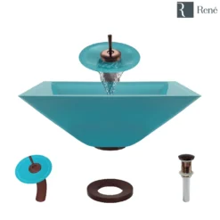 Rene 17" Square Glass Bathroom Sink, Cerulean, with Faucet, R5-5003-CER-WF-ORB