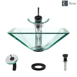 Rene 17" Square Glass Bathroom Sink, Crystal, with Faucet, R5-5003-CRY-WF-ABR
