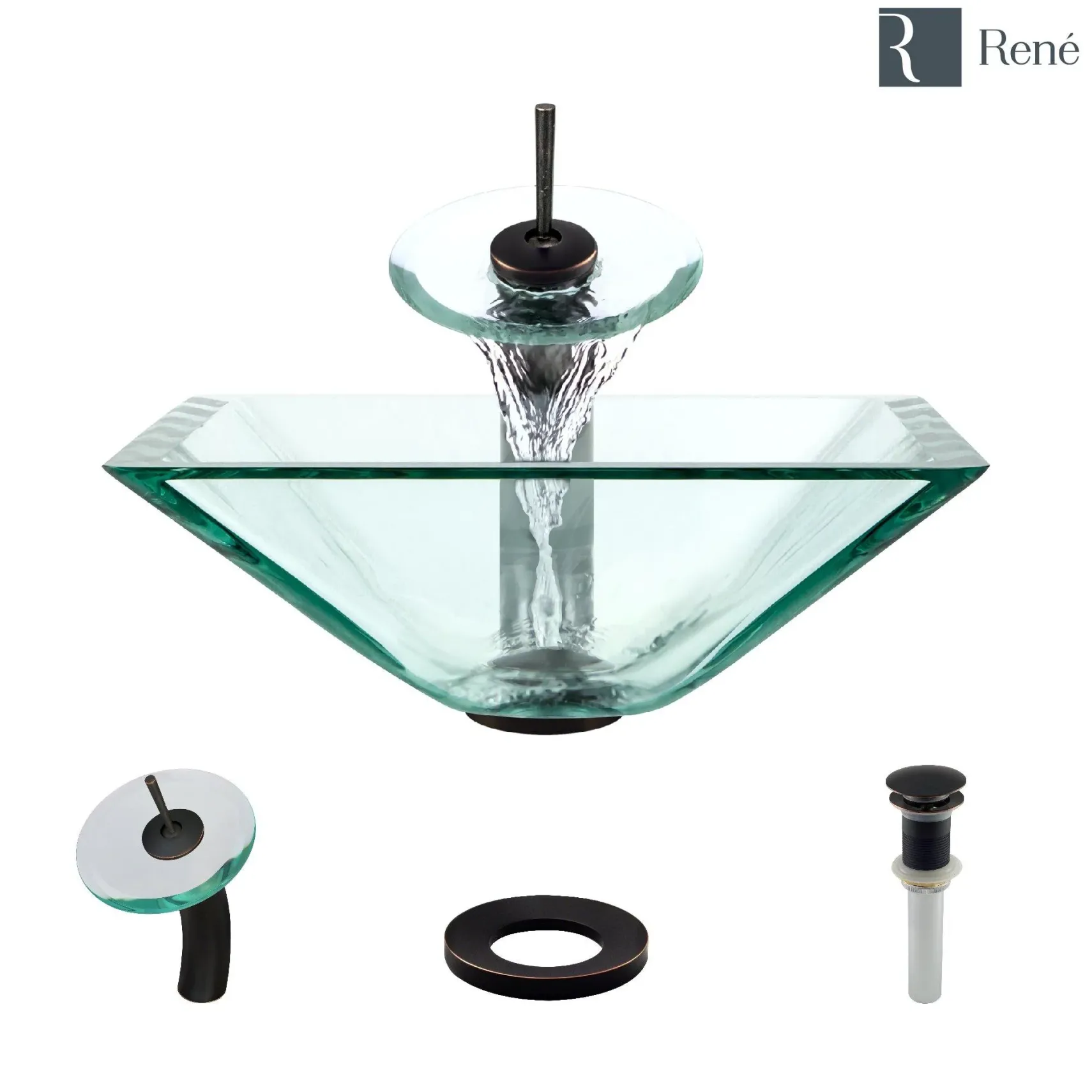 Rene 17" Square Glass Bathroom Sink, Crystal, with Faucet, R5-5003-CRY-WF-ABR