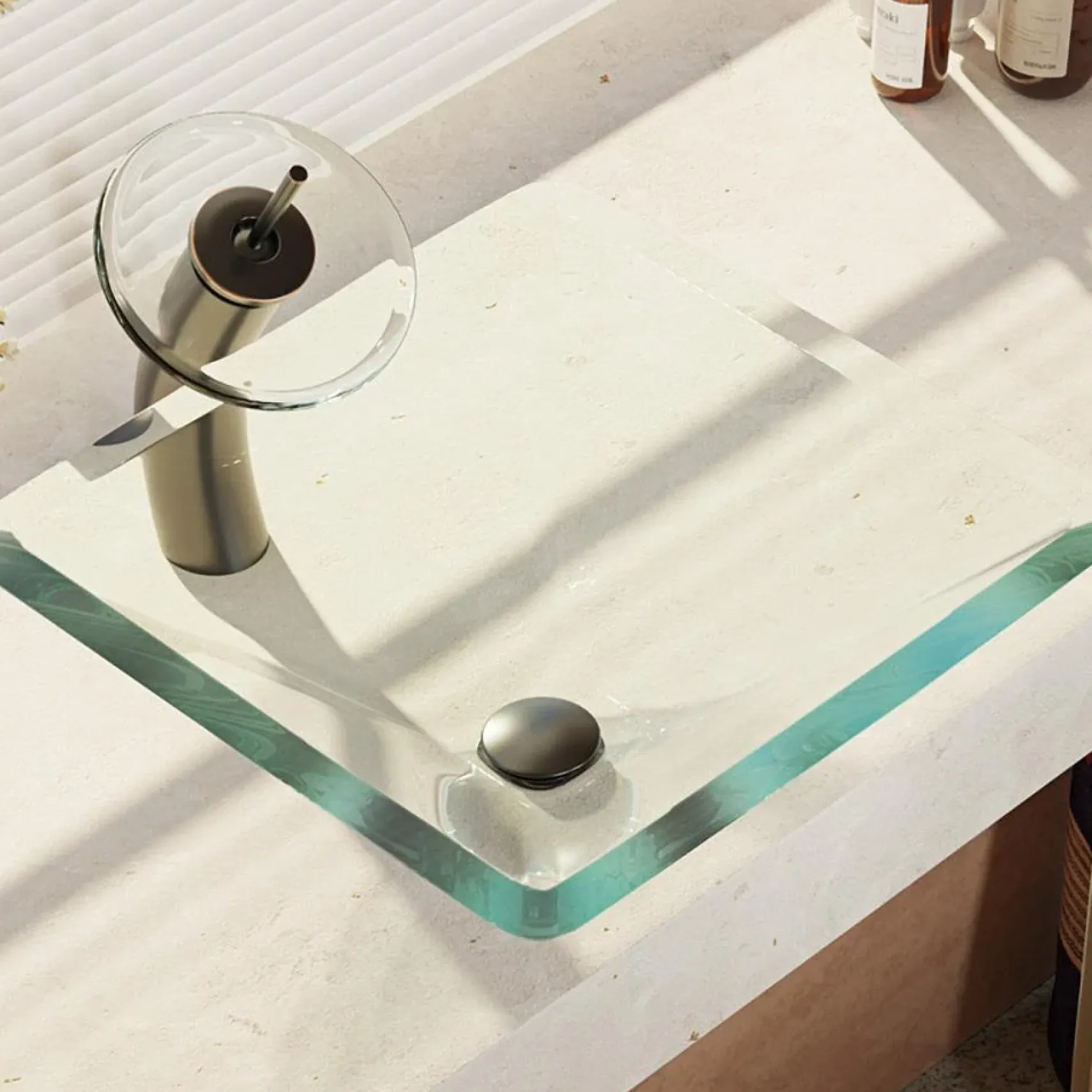 Rene 17" Square Glass Bathroom Sink, Crystal, with Faucet, R5-5003-CRY-WF-ABR