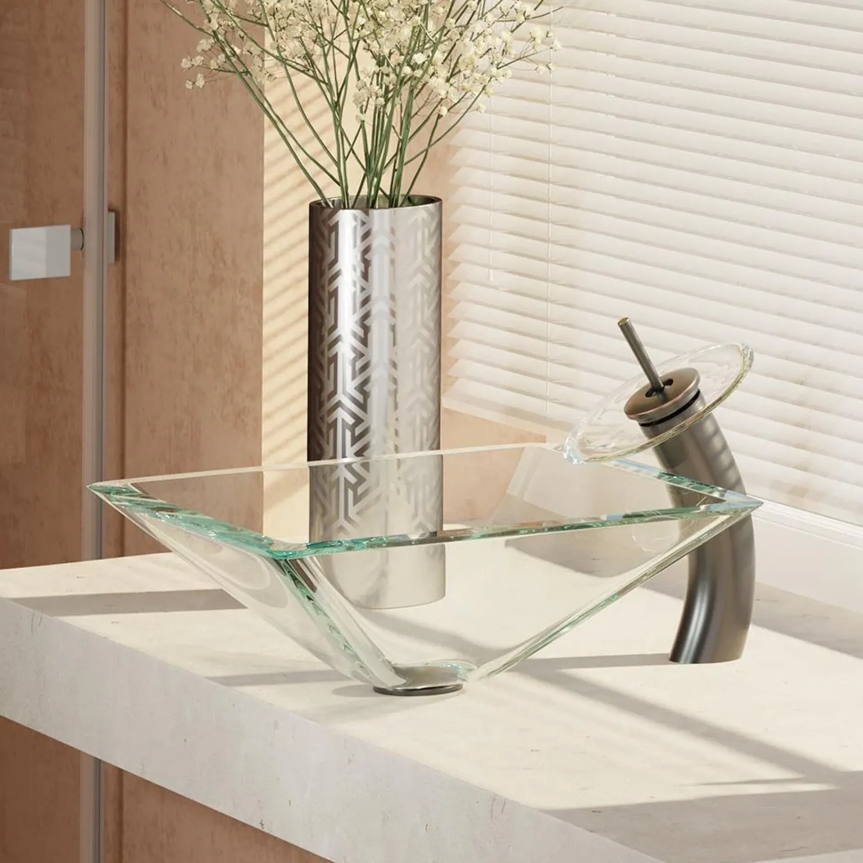 Rene 17" Square Glass Bathroom Sink, Crystal, with Faucet, R5-5003-CRY-WF-ABR