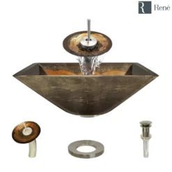 Rene 17" Square Glass Bathroom Sink, Metallic Green and Gold, with Faucet, R5-5036-WF-BN