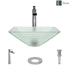 Rene 17" Square Glass Bathroom Sink, Textured, with Faucet, R5-5004-R9-7007-C