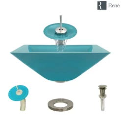 Rene 17" Square Glass Bathroom Sink, Cerulean, with Faucet, R5-5003-CER-WF-BN