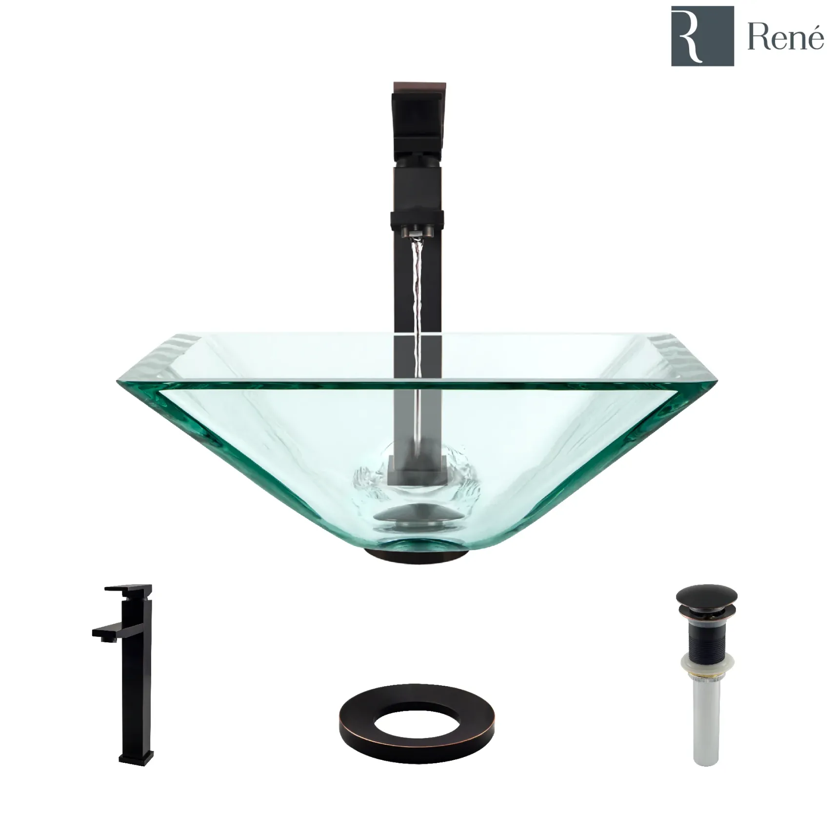 Rene 17" Square Glass Bathroom Sink, Crystal, with Faucet, R5-5003-CRY-R9-7003-ABR