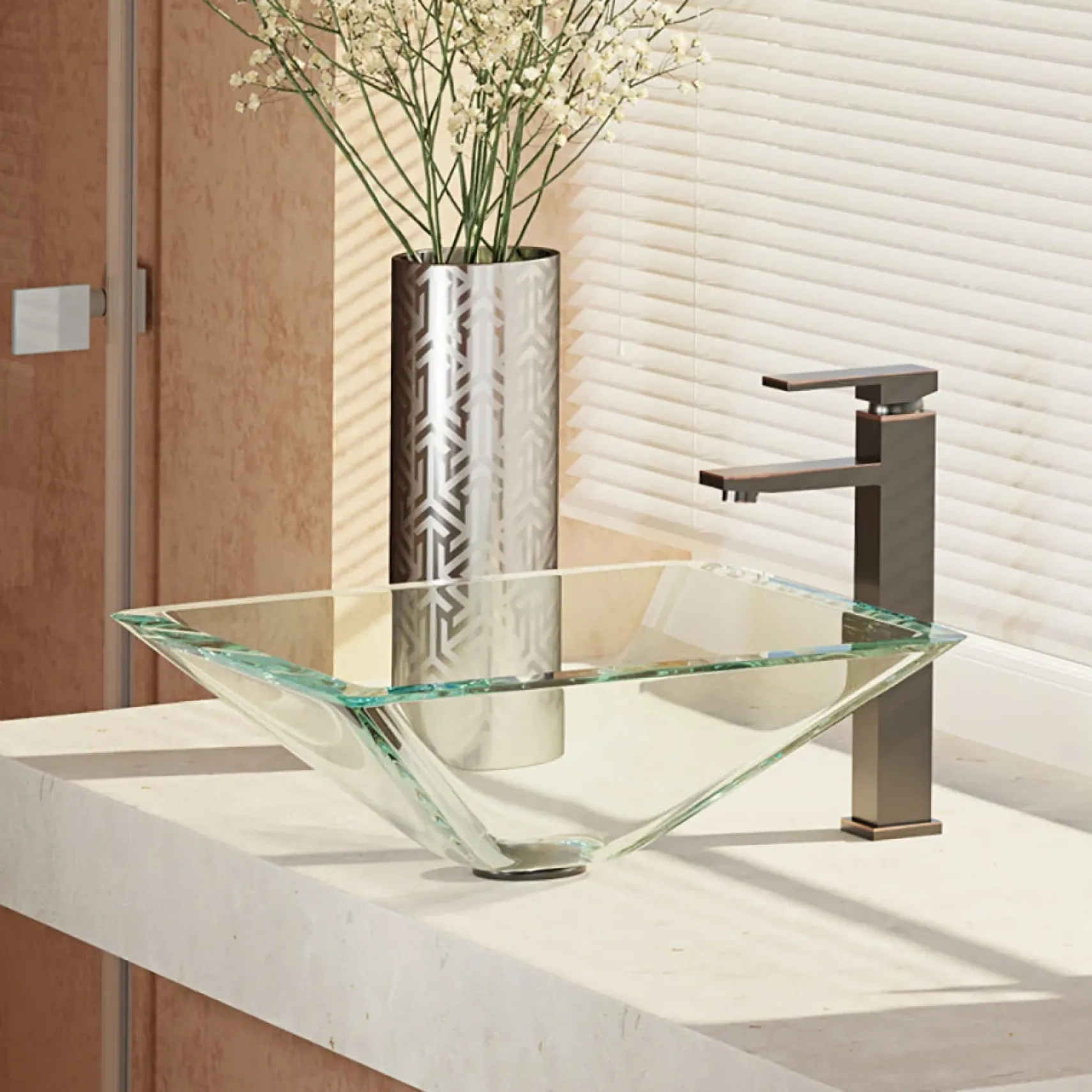 Rene 17" Square Glass Bathroom Sink, Crystal, with Faucet, R5-5003-CRY-R9-7003-ABR