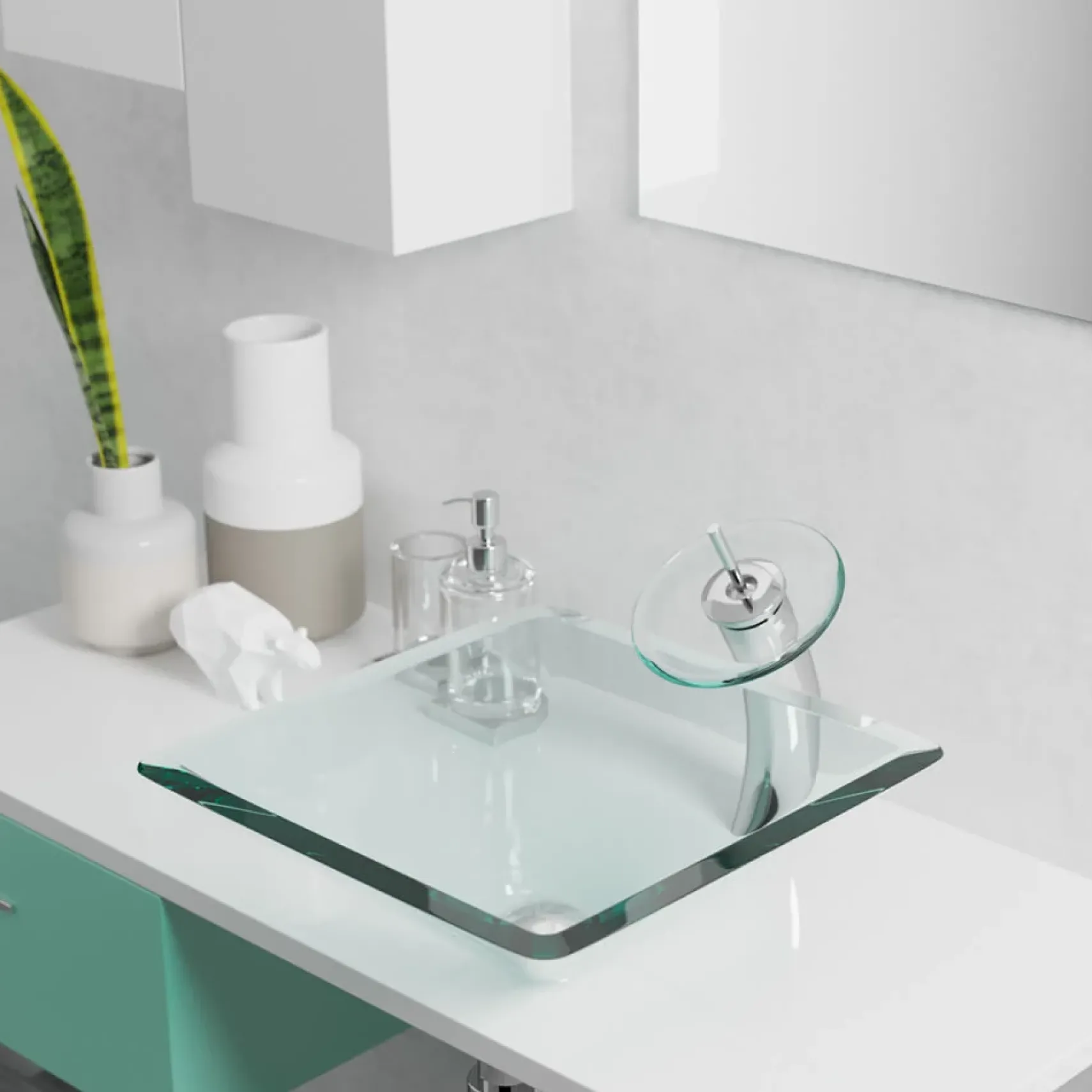 Rene 17" Square Glass Bathroom Sink, Crystal, with Faucet, R5-5003-CRY-R9-7003-ABR