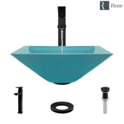 Rene 17" Square Glass Bathroom Sink, Cerulean, with Faucet, R5-5003-CER-R9-7003-ABR
