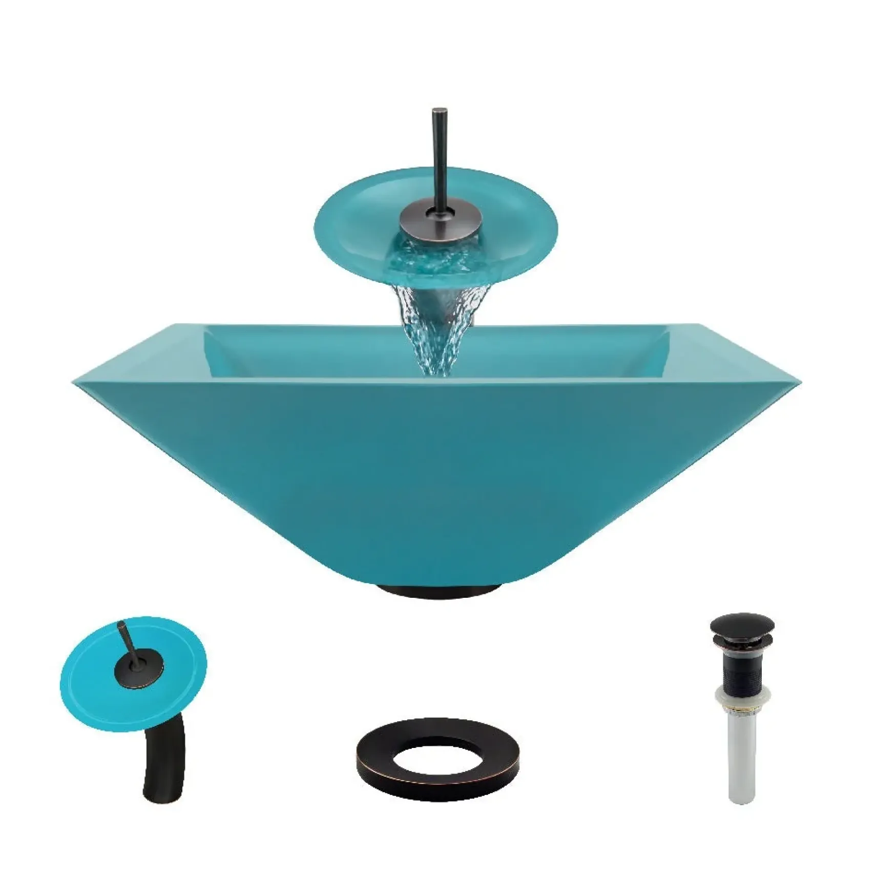 Rene 17" Square Glass Bathroom Sink, Cerulean, with Faucet, R5-5003-CER-WF-ABR