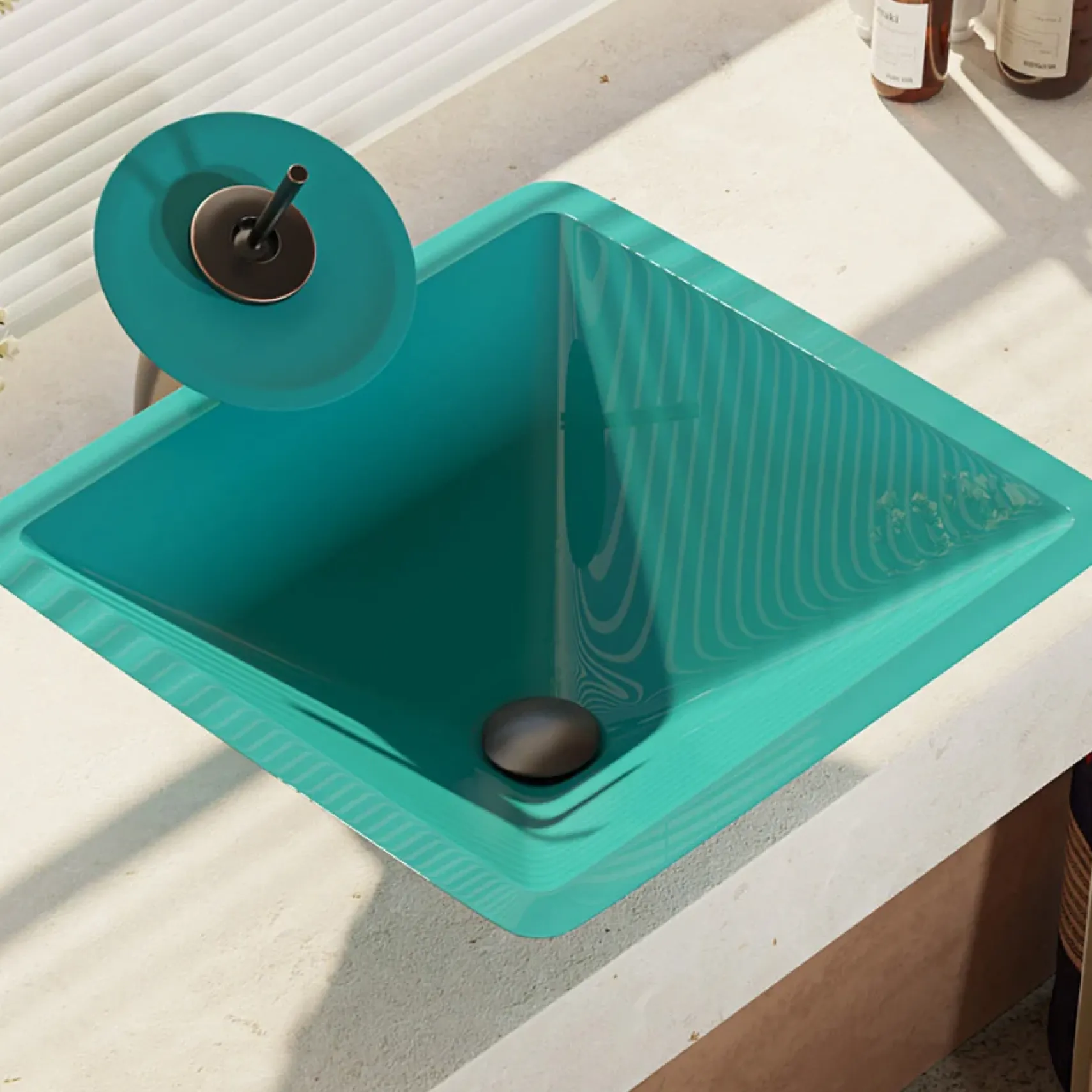 Rene 17" Square Glass Bathroom Sink, Cerulean, with Faucet, R5-5003-CER-WF-ABR