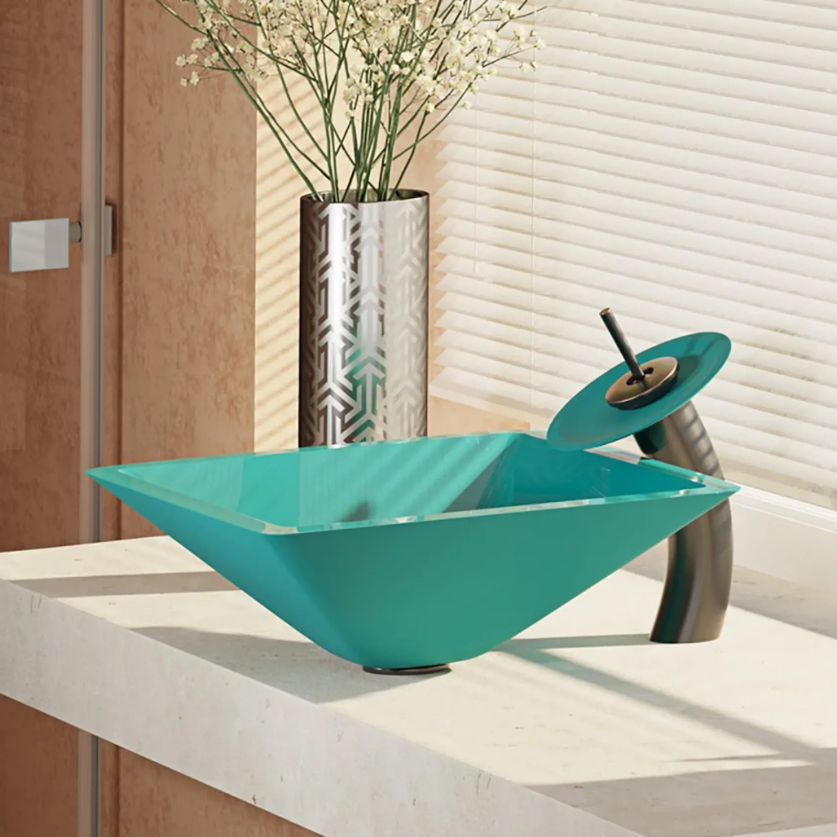 Rene 17" Square Glass Bathroom Sink, Cerulean, with Faucet, R5-5003-CER-WF-ABR