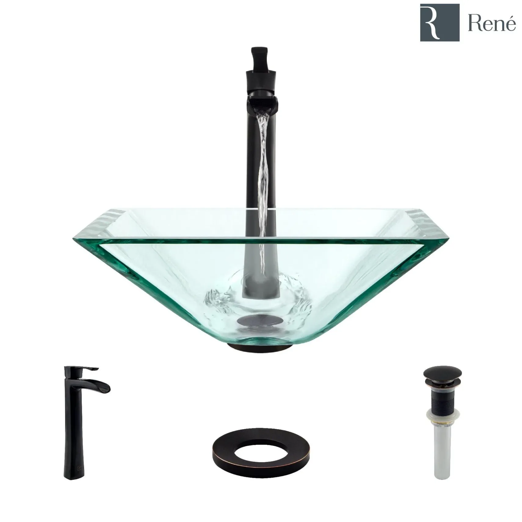 Rene 17" Square Glass Bathroom Sink, Crystal, with Faucet, R5-5003-CRY-R9-7007-ABR