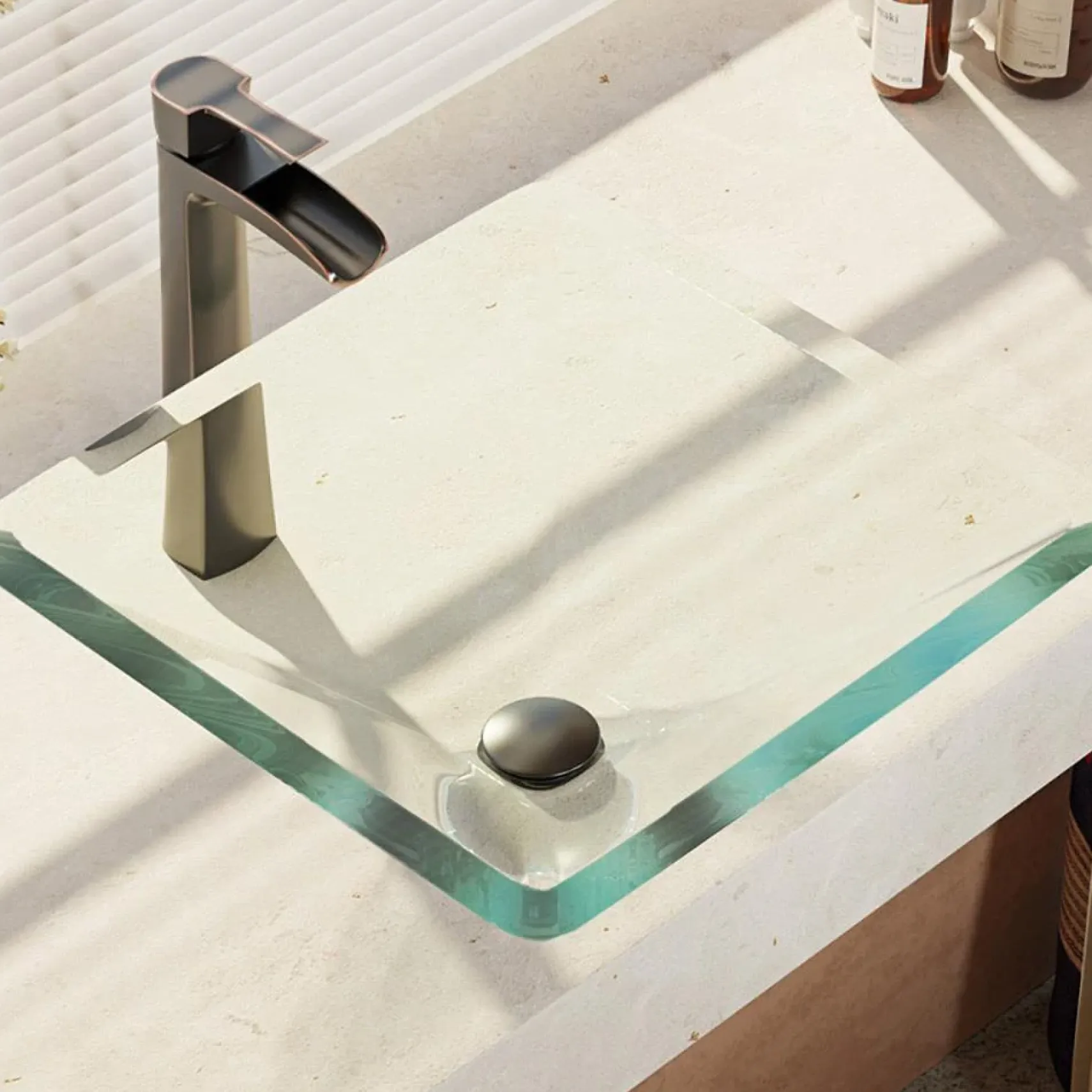 Rene 17" Square Glass Bathroom Sink, Crystal, with Faucet, R5-5003-CRY-R9-7007-ABR
