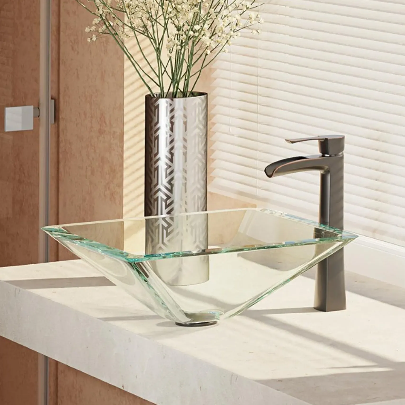 Rene 17" Square Glass Bathroom Sink, Crystal, with Faucet, R5-5003-CRY-R9-7007-ABR
