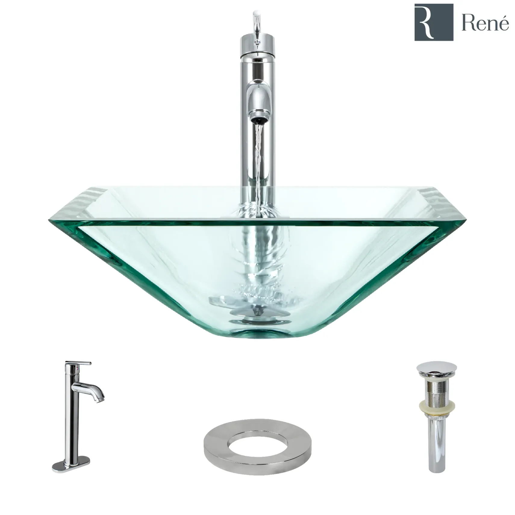 Rene 17" Square Glass Bathroom Sink, Crystal, with Faucet, R5-5003-CRY-R9-7001-C