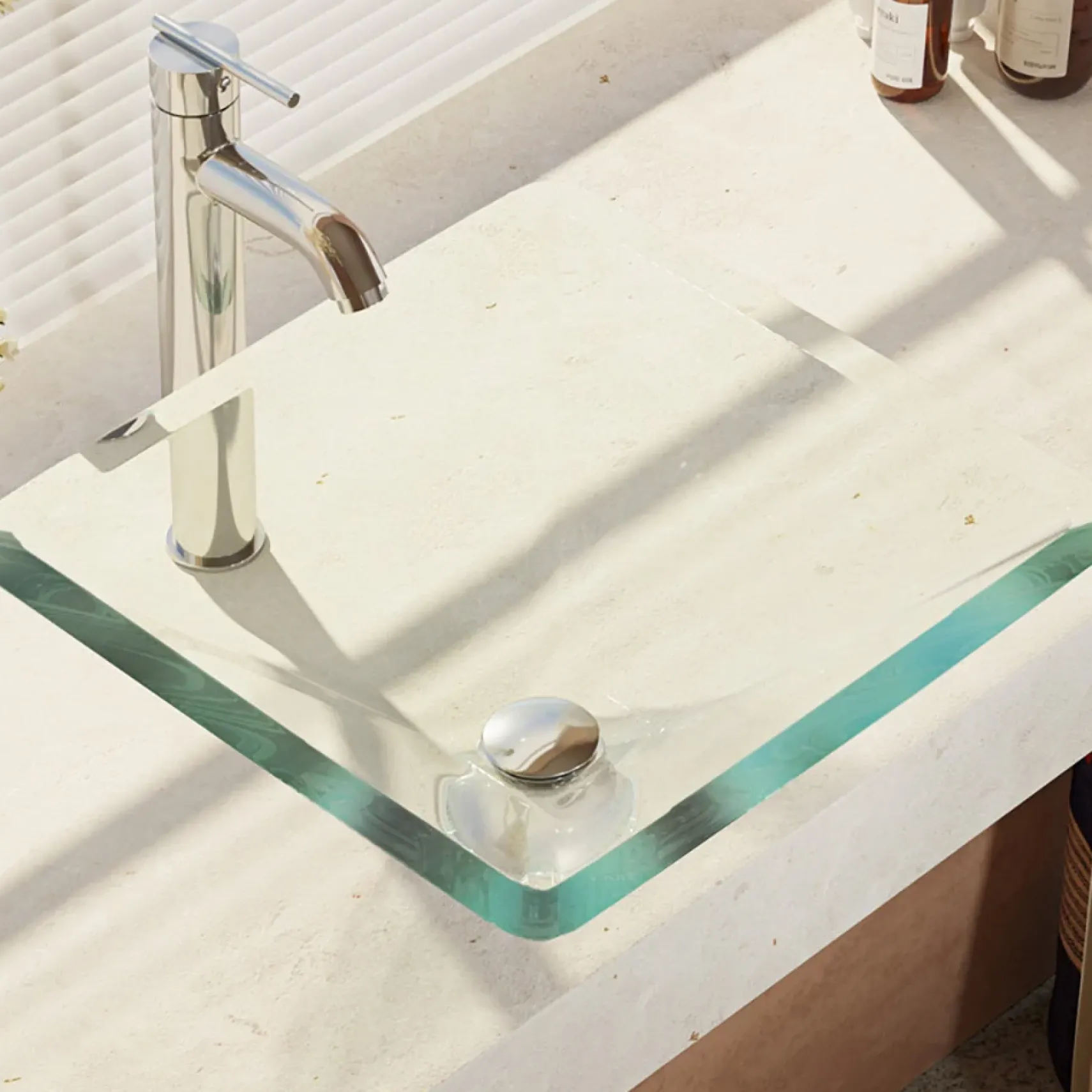 Rene 17" Square Glass Bathroom Sink, Crystal, with Faucet, R5-5003-CRY-R9-7001-C