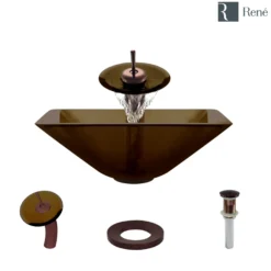 Rene 17" Square Glass Bathroom Sink, Cashmere, with Faucet, R5-5003-CAS-WF-ORB