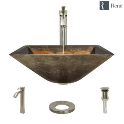 Rene 17" Square Glass Bathroom Sink, Metallic Green and Gold, with Faucet, R5-5036-R9-7006-BN