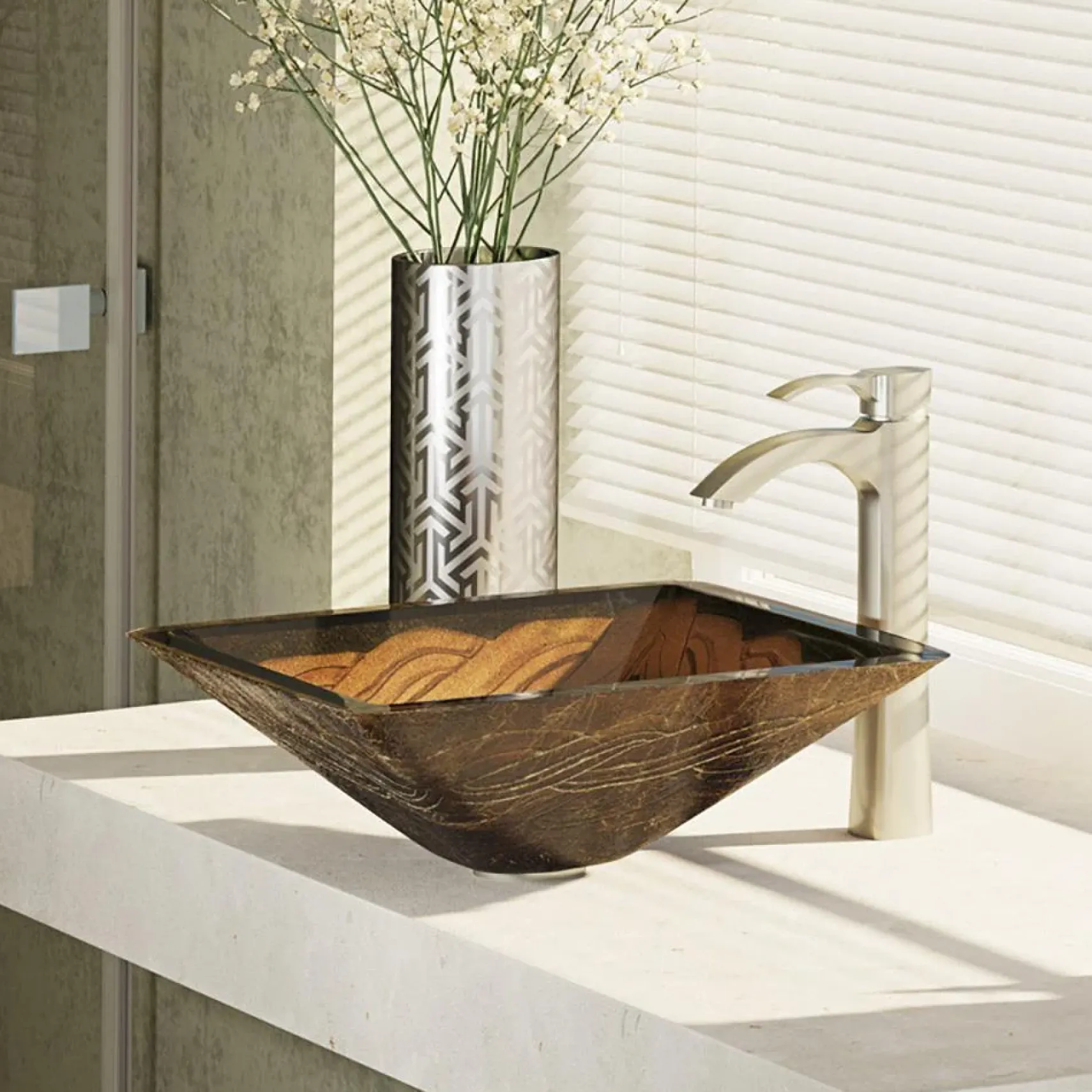 Rene 17" Square Glass Bathroom Sink, Metallic Green and Gold, with Faucet, R5-5036-R9-7006-BN