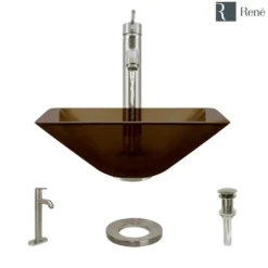 Rene 17" Square Glass Bathroom Sink, Cashmere, with Faucet, R5-5003-CAS-R9-7001-BN