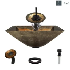 Rene 17" Square Glass Bathroom Sink, Metallic Green and Gold, with Faucet, R5-5036-WF-ABR