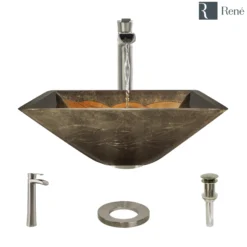 Rene 17" Square Glass Bathroom Sink, Metallic Green and Gold, with Faucet, R5-5036-R9-7007-BN