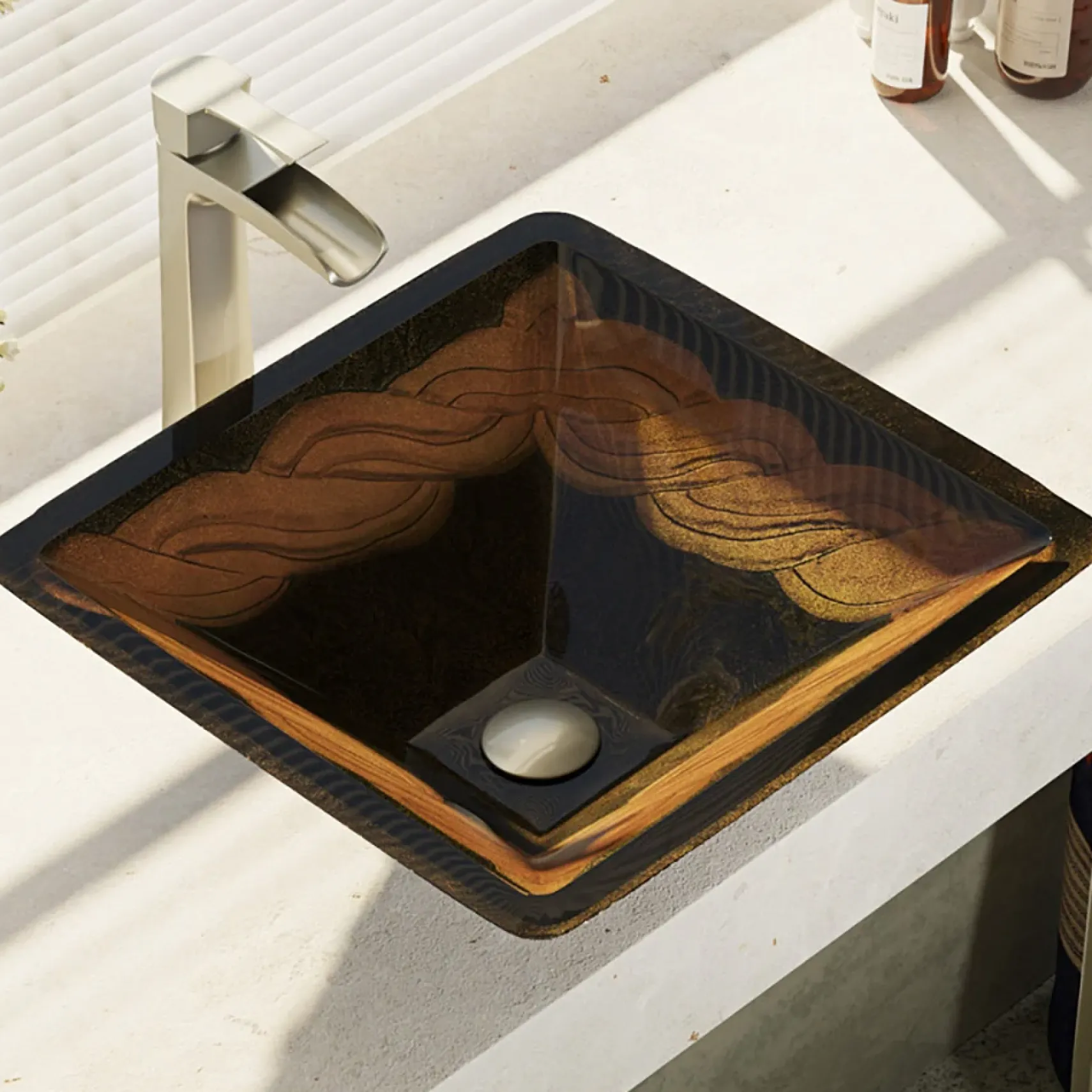Rene 17" Square Glass Bathroom Sink, Metallic Green and Gold, with Faucet, R5-5036-R9-7007-BN