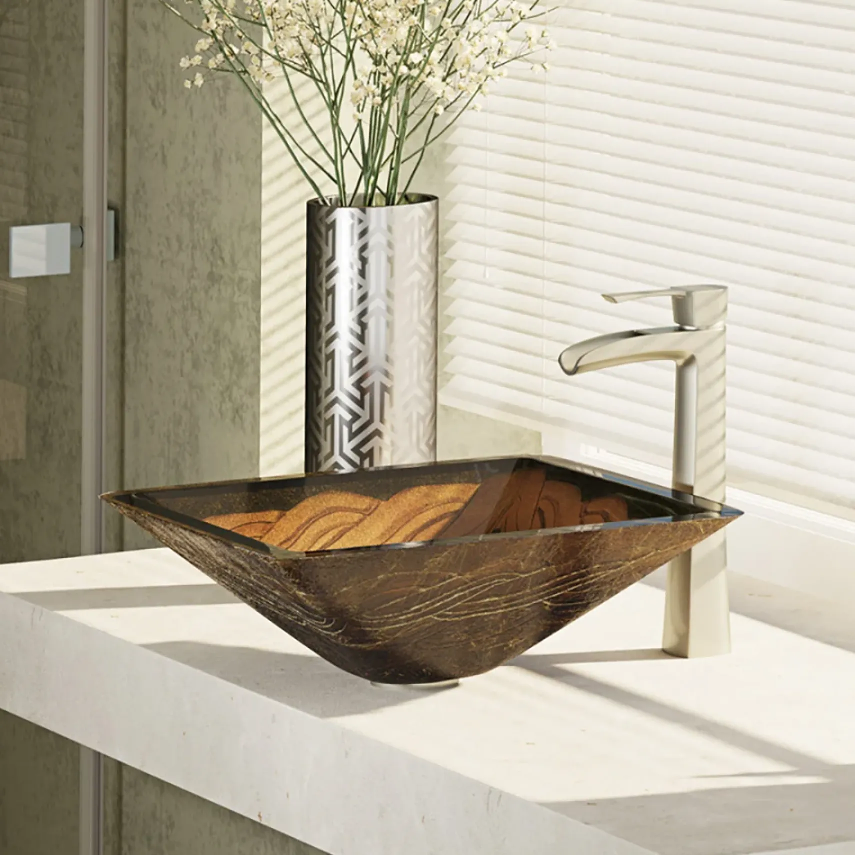 Rene 17" Square Glass Bathroom Sink, Metallic Green and Gold, with Faucet, R5-5036-R9-7007-BN