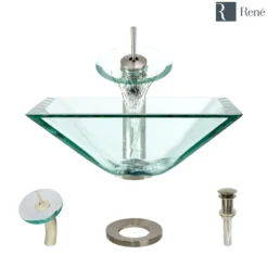 Rene 17" Square Glass Bathroom Sink, Crystal, with Faucet, R5-5003-CRY-WF-BN