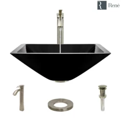 Rene 17" Square Glass Bathroom Sink, Noir, with Faucet, R5-5003-NOR-R9-7006-BN