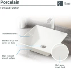 Rene 16" Square Porcelain Bathroom Sink, Biscuit, with Faucet, R2-5010-B-R9-7001-BN