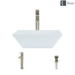 Rene 16" Square Porcelain Bathroom Sink, White, with Faucet, R2-5010-W-R9-7003-BN