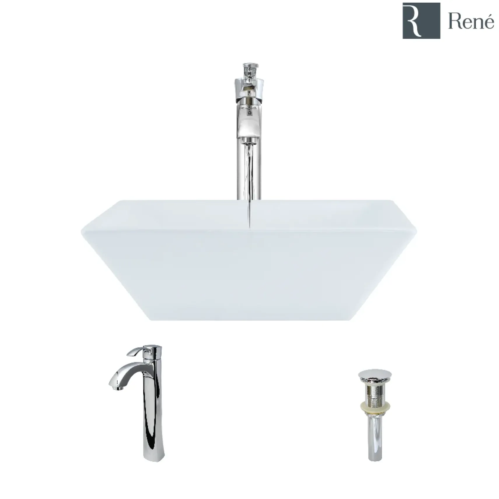 Rene 16" Square Porcelain Bathroom Sink, White, with Faucet, R2-5010-W-R9-7006-C