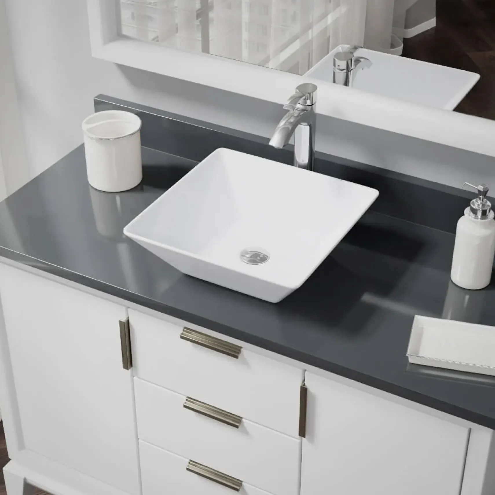 Rene 16" Square Porcelain Bathroom Sink, White, with Faucet, R2-5010-W-R9-7006-C