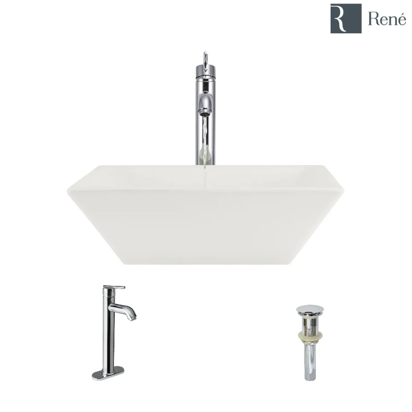 Rene 16" Square Porcelain Bathroom Sink, Biscuit, with Faucet, R2-5010-B-R9-7001-C