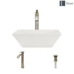 Rene 16" Square Porcelain Bathroom Sink, Biscuit, with Faucet, R2-5010-B-R9-7006-BN
