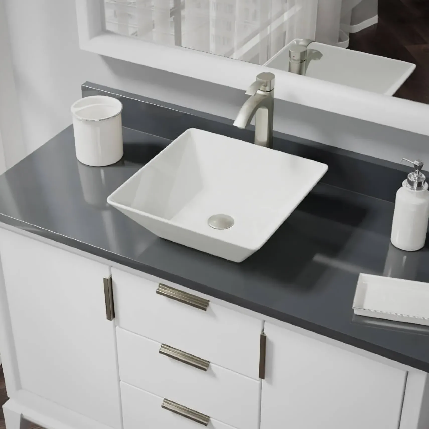 Rene 16" Square Porcelain Bathroom Sink, Biscuit, with Faucet, R2-5010-B-R9-7006-BN