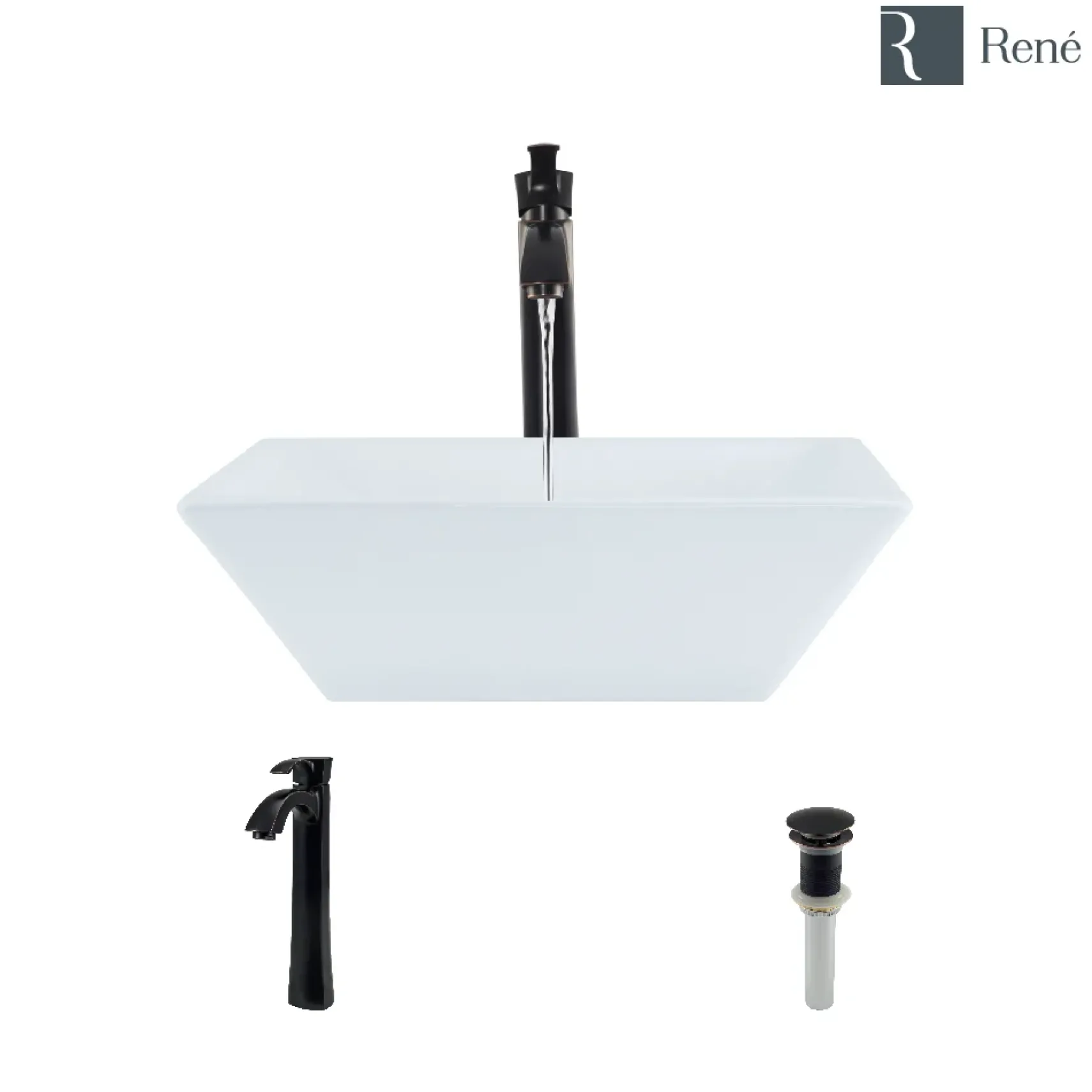 Rene 16" Square Porcelain Bathroom Sink, White, with Faucet, R2-5010-W-R9-7006-ABR