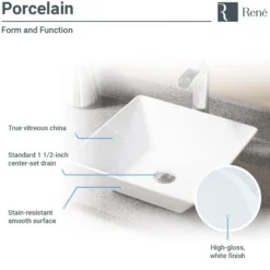 Rene 16" Square Porcelain Bathroom Sink, White, with Faucet, R2-5010-W-R9-7006-ABR