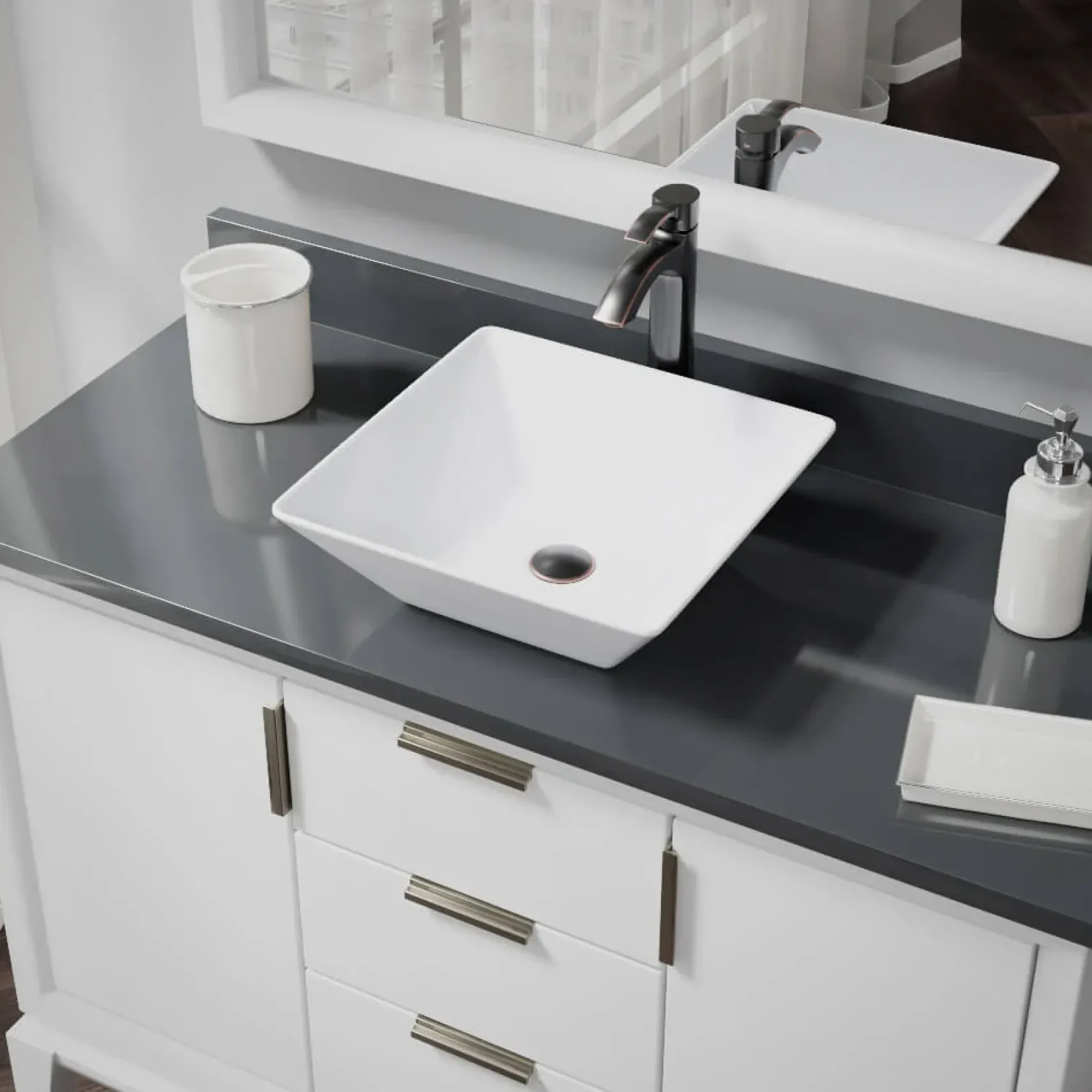 Rene 16" Square Porcelain Bathroom Sink, White, with Faucet, R2-5010-W-R9-7006-ABR