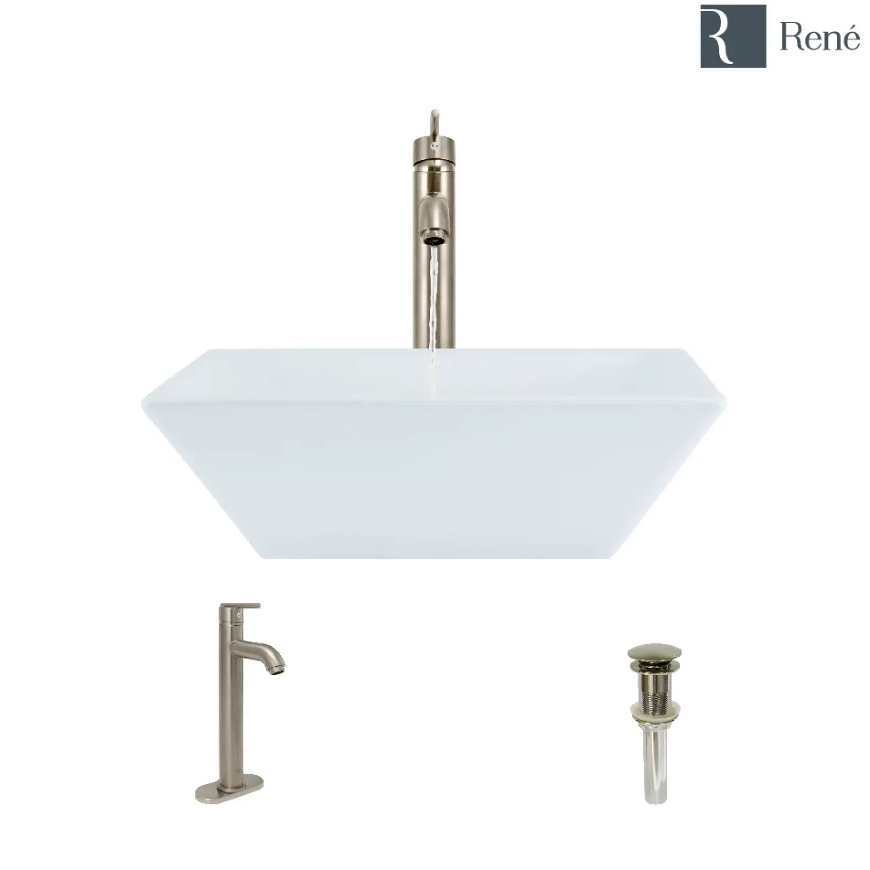 Rene 16" Square Porcelain Bathroom Sink, White, with Faucet, R2-5010-W-R9-7001-BN