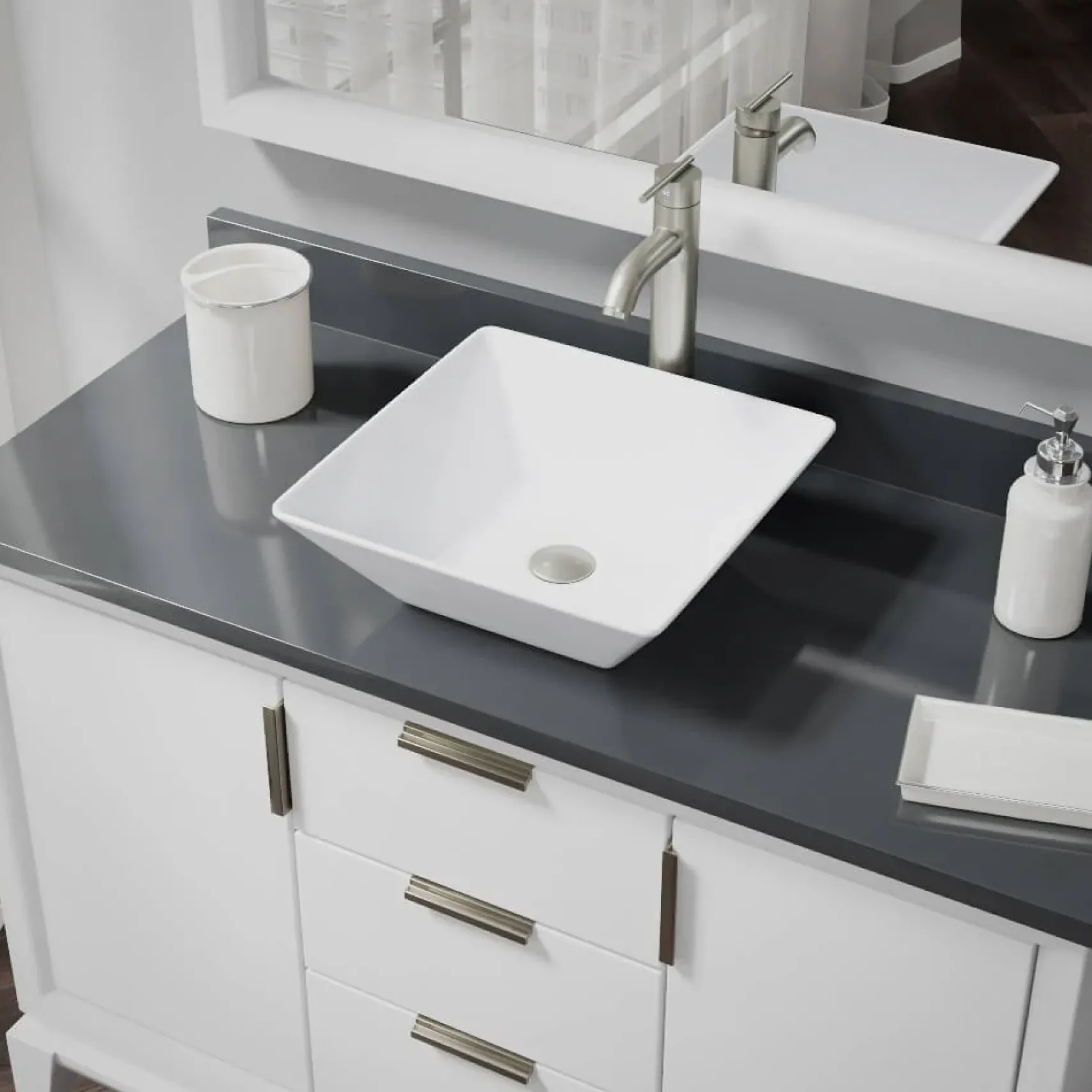 Rene 16" Square Porcelain Bathroom Sink, White, with Faucet, R2-5010-W-R9-7001-BN