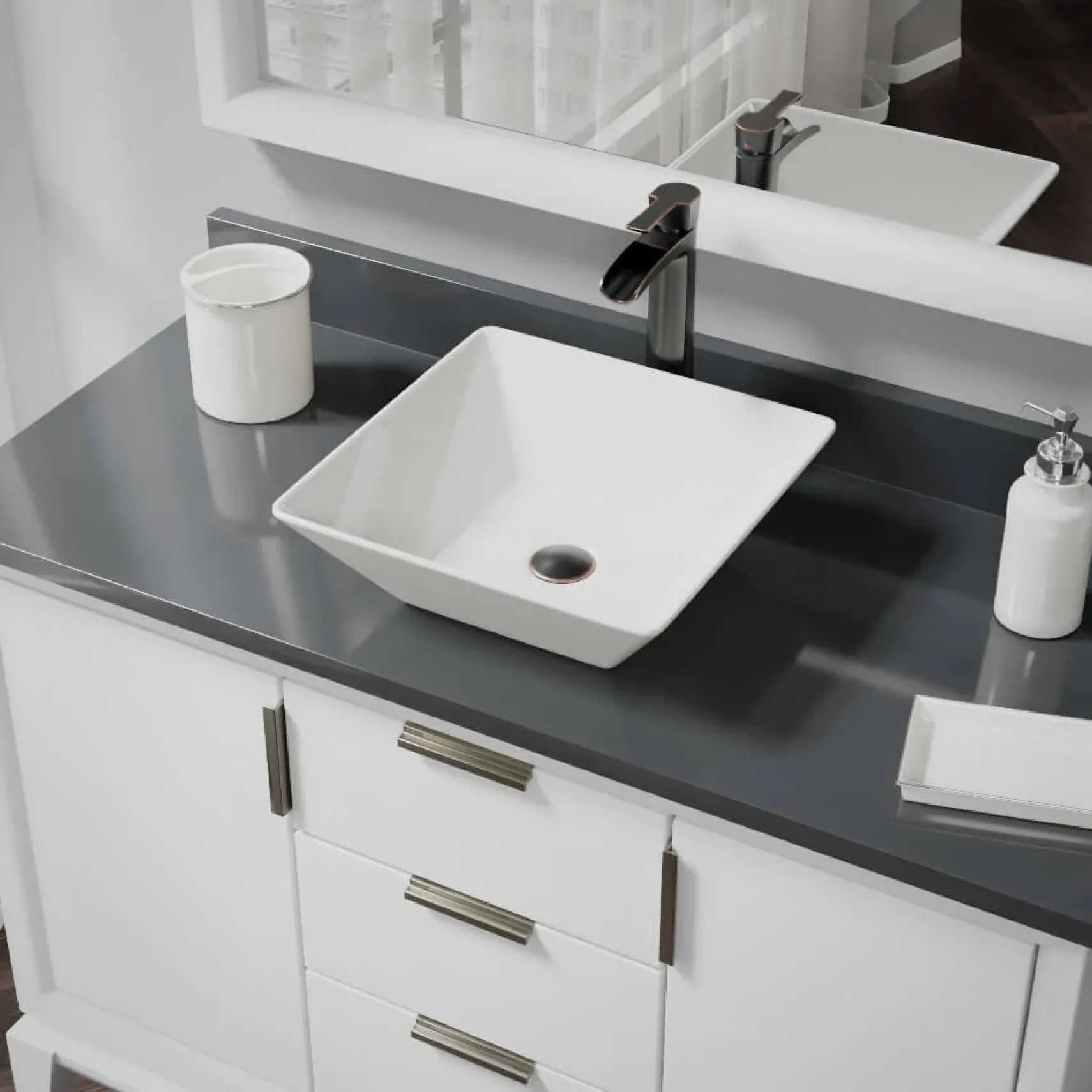 Rene 16" Square Porcelain Bathroom Sink, Biscuit, with Faucet, R2-5010-B-R9-7007-ABR