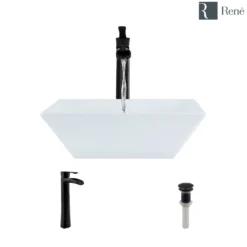Rene 16" Square Porcelain Bathroom Sink, White, with Faucet, R2-5010-W-R9-7007-ABR
